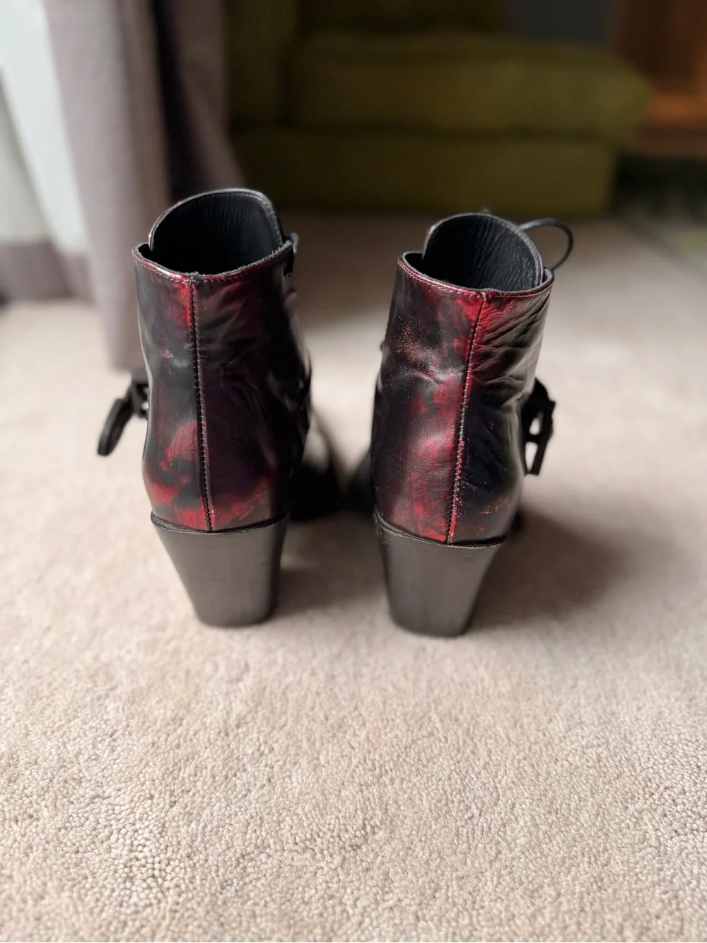 John Fluevog Swordfish Hi Fauvist Fries Iridescent Red Ankle Boots 8 EUC - Picture 8 of 14